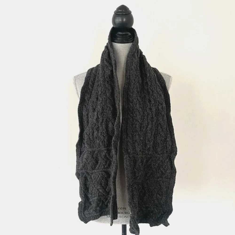 Aran Crafts Charcoal Merino Wool Knit Scarf Made In Ireland Fisherman Cable Knit